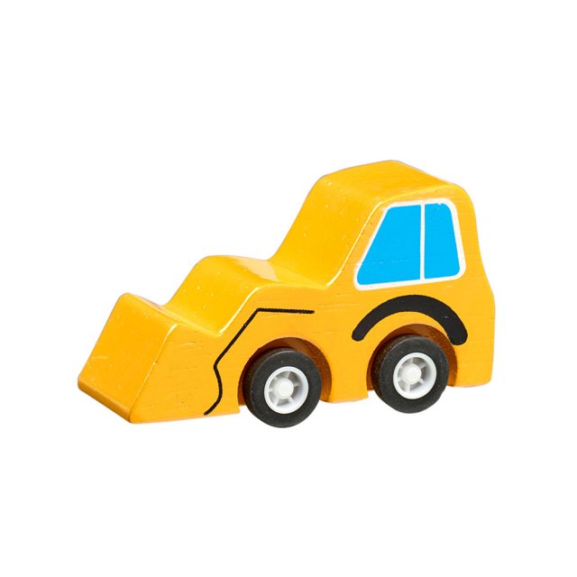 Yellow wooden mini digger toy car with plastic black wheels
