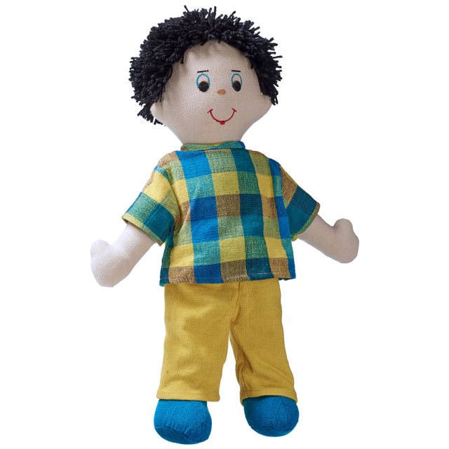 Soft toy dad rag doll with white skin, dark hair wearing a checkered top and trousers