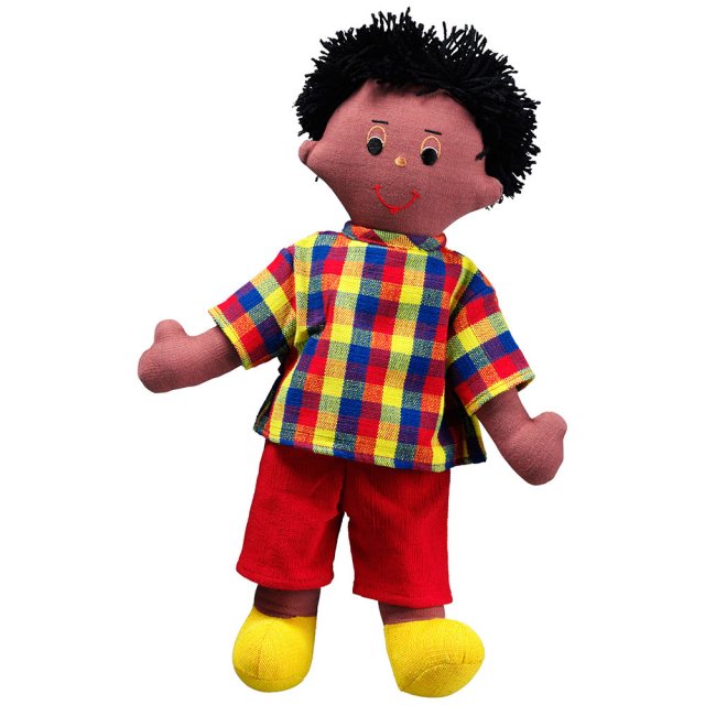 Soft toy dad rag doll with black skin, black hair wearing a checkered top and trousers