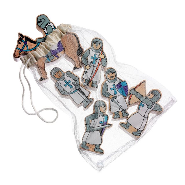 Six blue wooden toy knight figures pictured in net storage bag