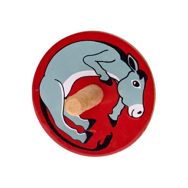 a birds eye view of a red spinning top with a design of a grey donkey