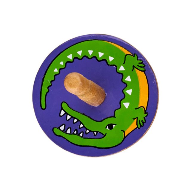 a birds eye view of a purple spinning top with a design of a green crocodile