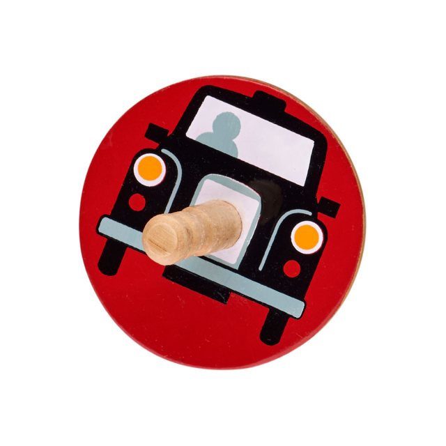 birds eye view of a red spinning top withdesign of a black taxi cab