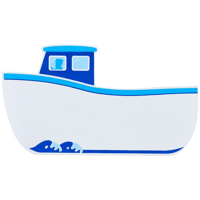 A small, flat wooden name board plaque in white fishing boat design
