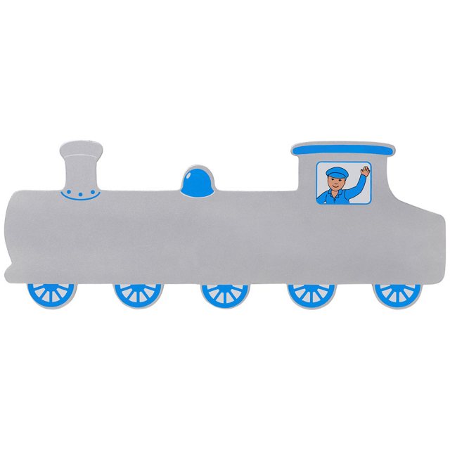 A large, flat wooden name board plaque in silver train design with blue details and driver