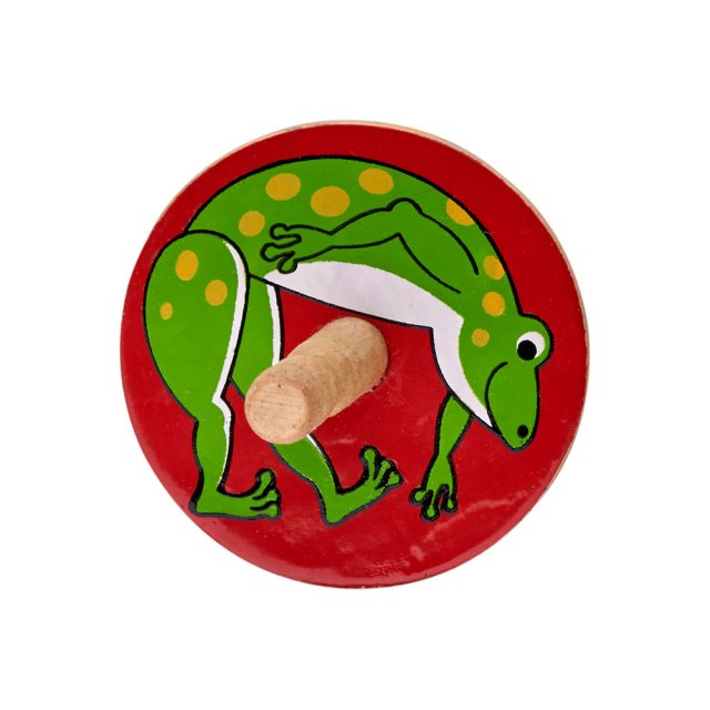 a birds eye view of a red spinning top with green frog design