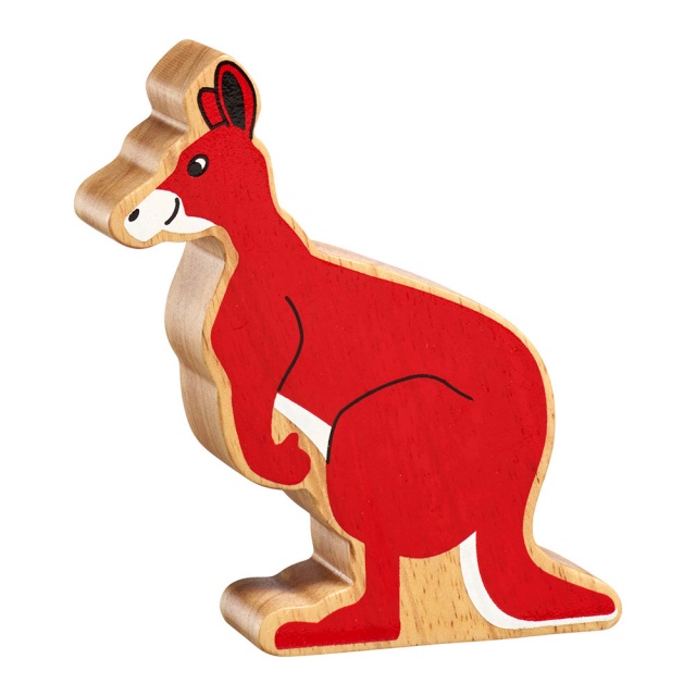 A chunky wooden red kangaroo toy figure in profile with a natural wood edge
