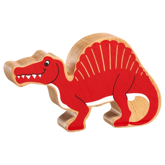 A chunky wooden red spinosaurus dinosaur toy figure in profile with a natural wood edge