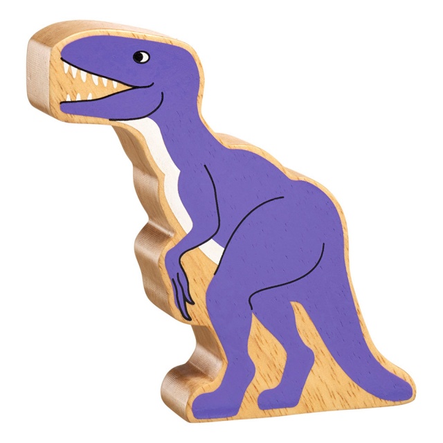 A chunky wooden purple velociraptor dinosaur toy figure in profile with a natural wood edge