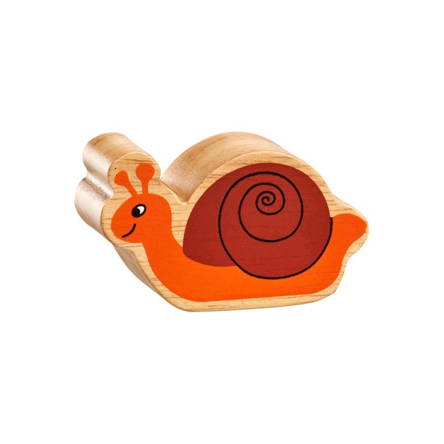 A chunky wooden orange and brown snail toy figure in profile with a natural wood edge