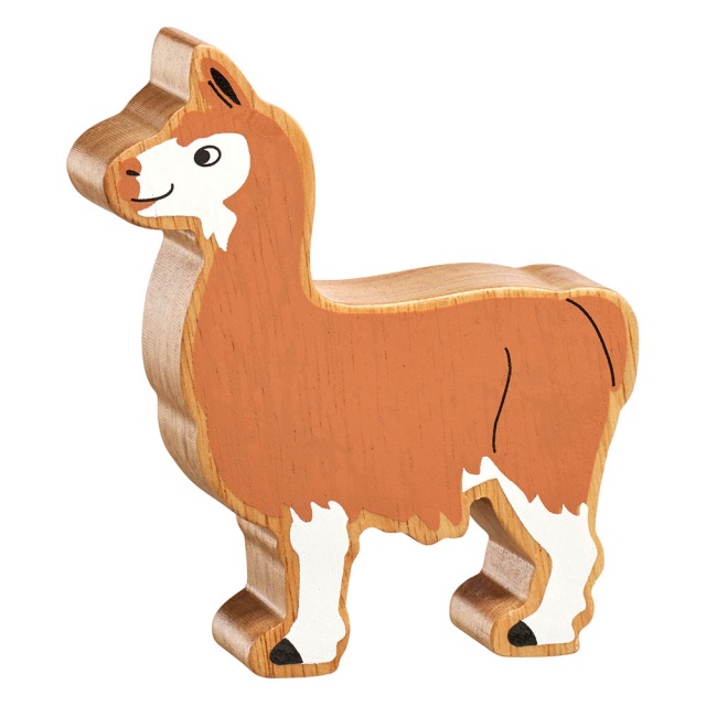 A chunky wooden brown and white llama toy figure with a natural wood edge
