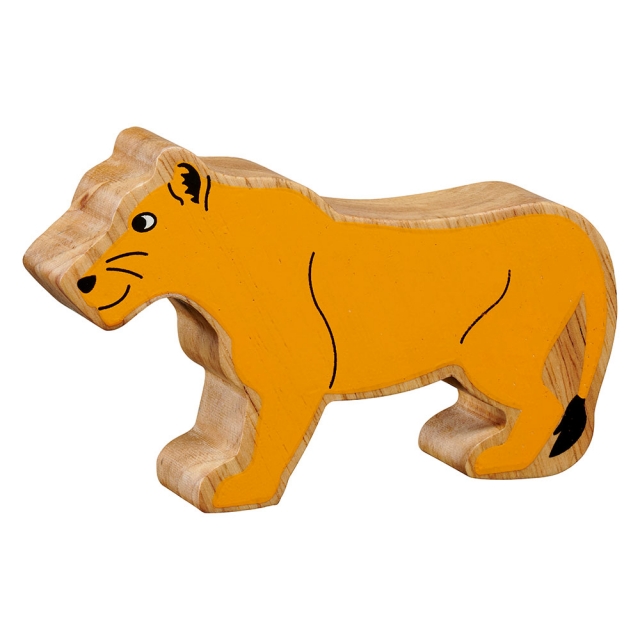 A chunky wooden yellow lioness toy figure with a natural wood edge
