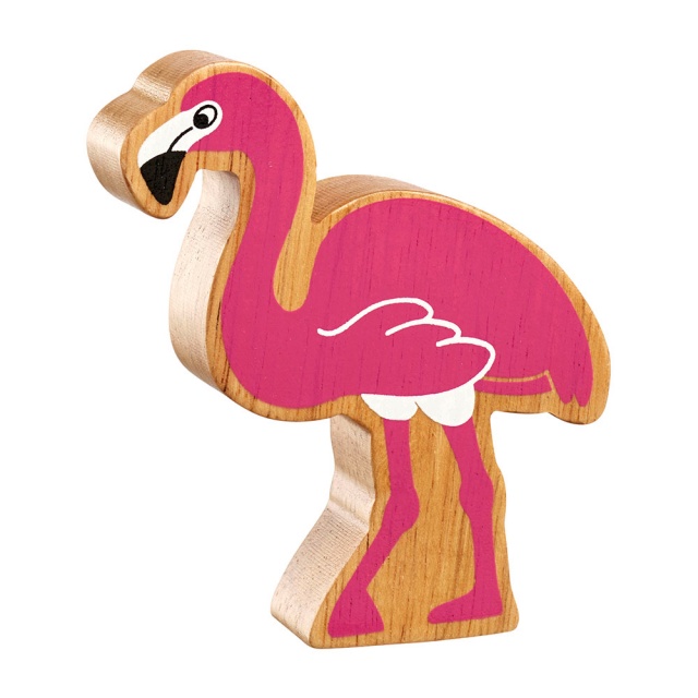 A chunky wooden pink flamingo toy figure with a natural wood edge
