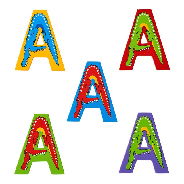 Wooden letter A with Alligator designs on blue, green, yellow, purple and red backgrounds.
