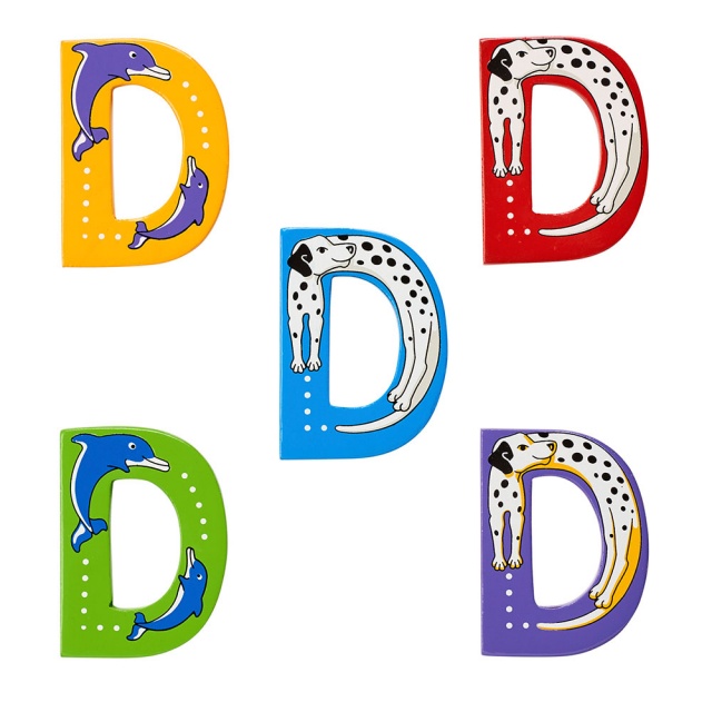 Wooden letter D with Dog and Dolphin designs on blue, green, yellow, purple and red backgrounds.