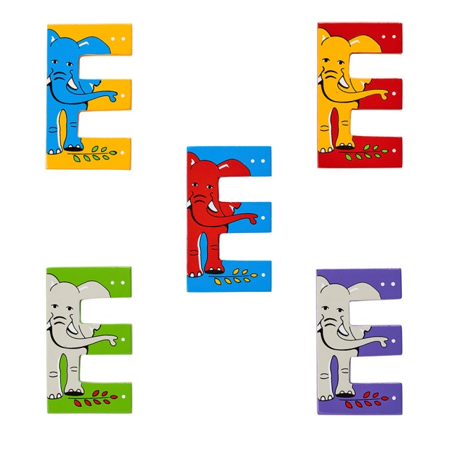 Wooden letter E with elephant designs on blue, green, yellow, purple and red backgrounds.