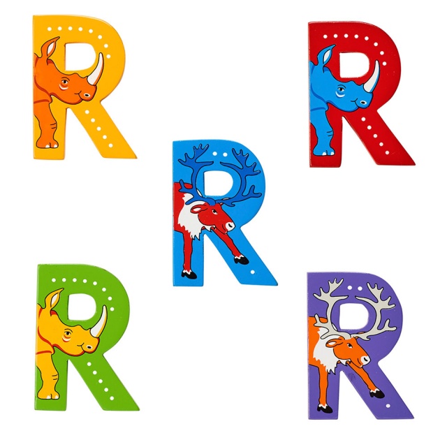 Wooden letter R with Rhino and Reindeer designs on blue, green, red, purple, yellow backgrounds.