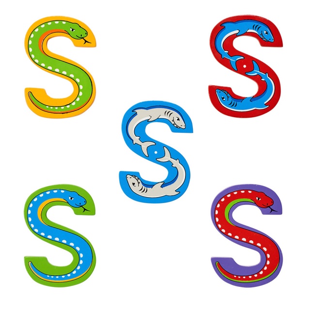Wooden letter S with Shark and Snake designs on blue, green, red, purple and yellow backgrounds.
