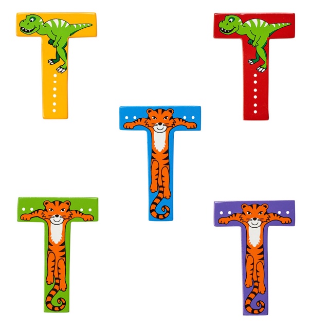 Wooden letter T with T-Rex and Tiger designs on blue, green, red, purple and yellow backgrounds.