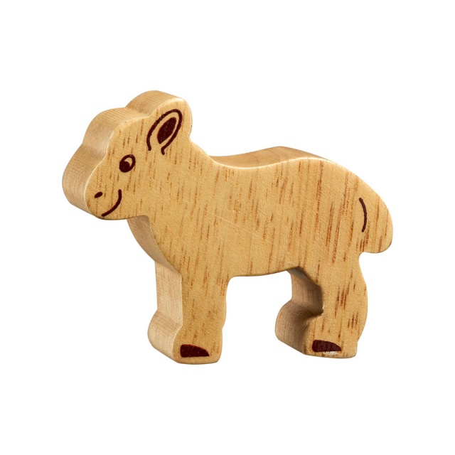 A chunky wooden lamb toy figure in profile, plain with wood grain