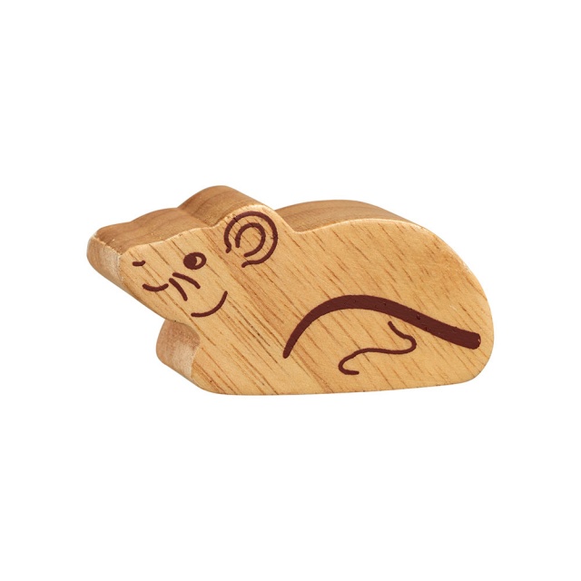 A chunky wooden mouse toy figure in profile, plain with wood grain