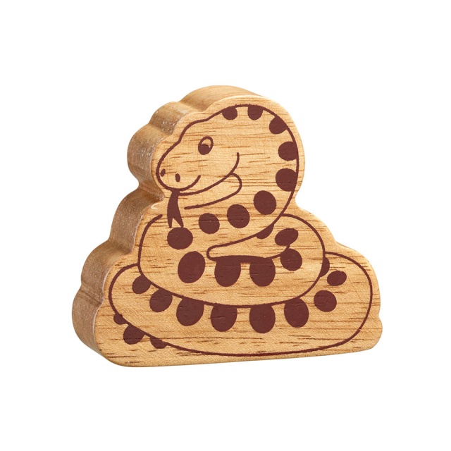 A chunky wooden snake toy figure in profile, plain with wood grain