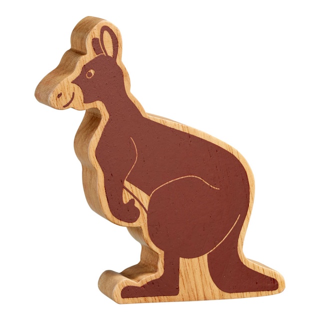 A chunky wooden kangaroo toy figure in profile, plain natural wood with brown details