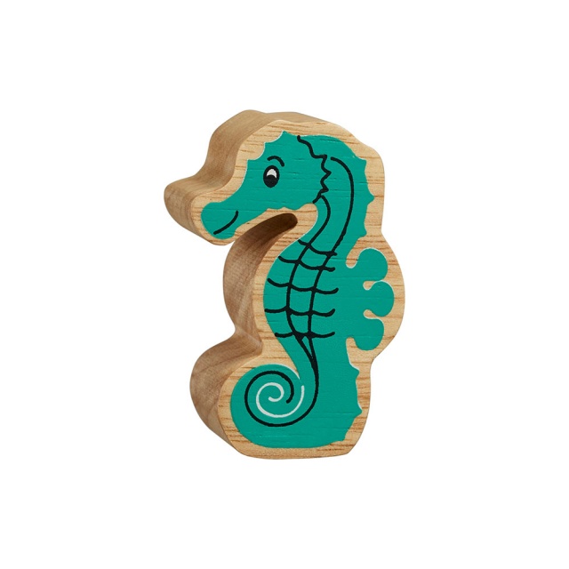 A chunky wooden turquoise seahorse toy figure with a natural wood edge