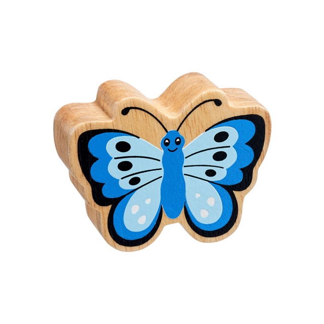 A chunky natural wood butterfly figure in profile with a natural wood edge.