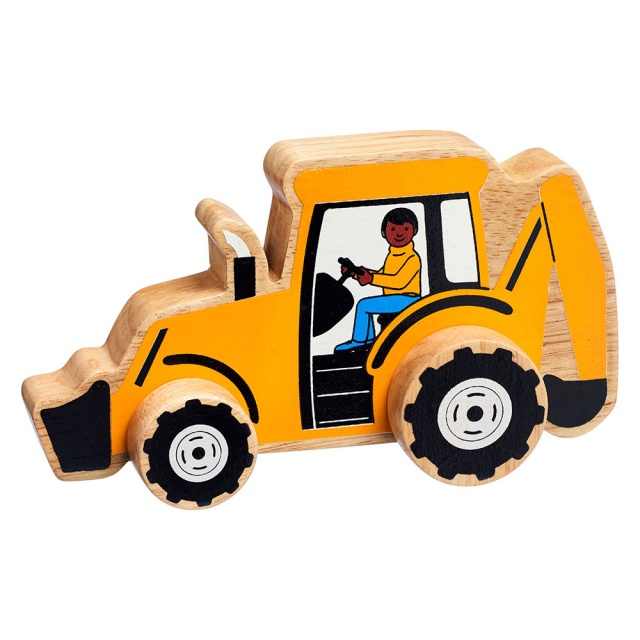Chunky, wooden yellow digger toy car with driver and natural wood edge