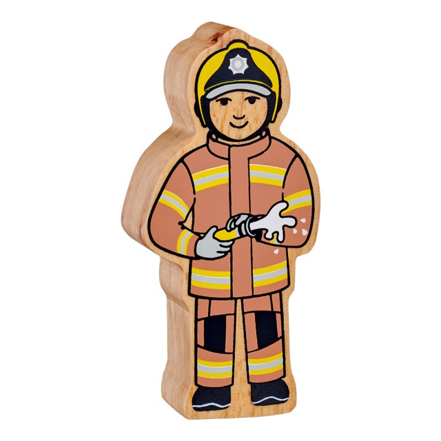 A chunky wooden brown and yellow firefighter