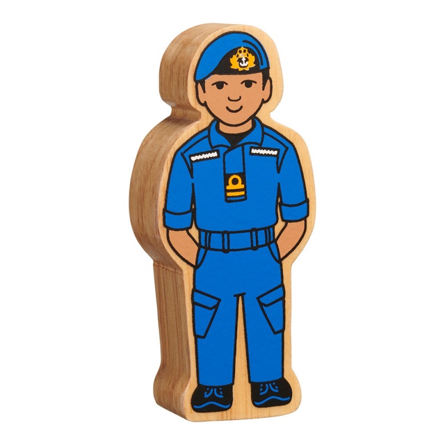 A chunky wooden blue navy officer toy figure with a natural wood edge