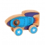 Chunky, wooden toy blue rocket with astronaut detail and natural wood edge