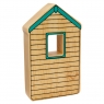 Reverse of a chunky wooden toy shed in profile with a cut out window and turquoise roof