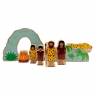 A line up of assorted wooden toy Stone Aged themed characters in profile
