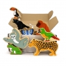 A childrens wooden toy jungle themed playset containing animals in a box