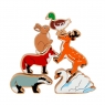 Set of six colourful countryside animals including badger, swan and rabbit balanced in a stack