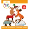 Box for set of six colourful countryside animals including badger, swan and rabbit balanced in a sta