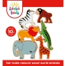 Packaging image of red box for six wooden toy world animals