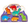 Childrens wooden toy volcano shape sorter tray with six removable colourful dinosaurs