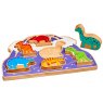 Childrens wooden toypurple volcano shape sorter tray with six removable colourful dinosaurs side vie