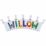 Large, flat wooden name plaque in white crown design with Willow spelt in multicoloured letters