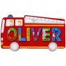 Small, flat wooden name plaque in red fire engine design with Oliver spelt in multicoloured letters
