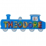 Large, flat wooden name plaque in blue train design with Theodore spelt in multicoloured letters