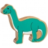 A chunky wooden turquoise diplodocus dinosaur toy figure with a natural wood edge