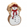 A chunky wooden white snowman toy figure in profile with a natural wood edge