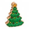 A chunky wooden green Christmas tree in profile with a natural wood edge