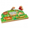 Chidlrens wooden jungle shape sorter tray with six removable colourful animals side view