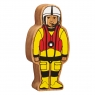 A chunky wooden yellow sea rescue toy figure with a natural wood edge