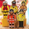 Policeman wooden toy shown with alternative emergency service figure designs